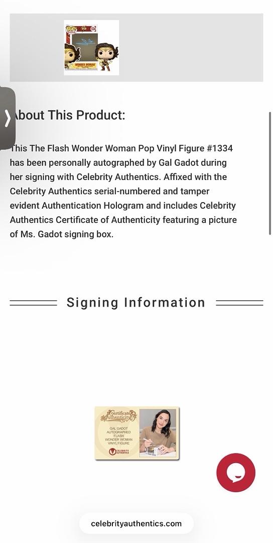 Gal Gadot Signed Funko Pop #1334 Wonder Woman (The Flash) - Celebrity Authentics COA