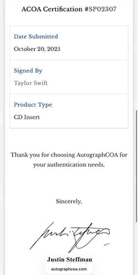 Taylor Swift Custom Framed & Signed CD Insert (The Life if a Showgirl) Photo #1 - ACOA COA