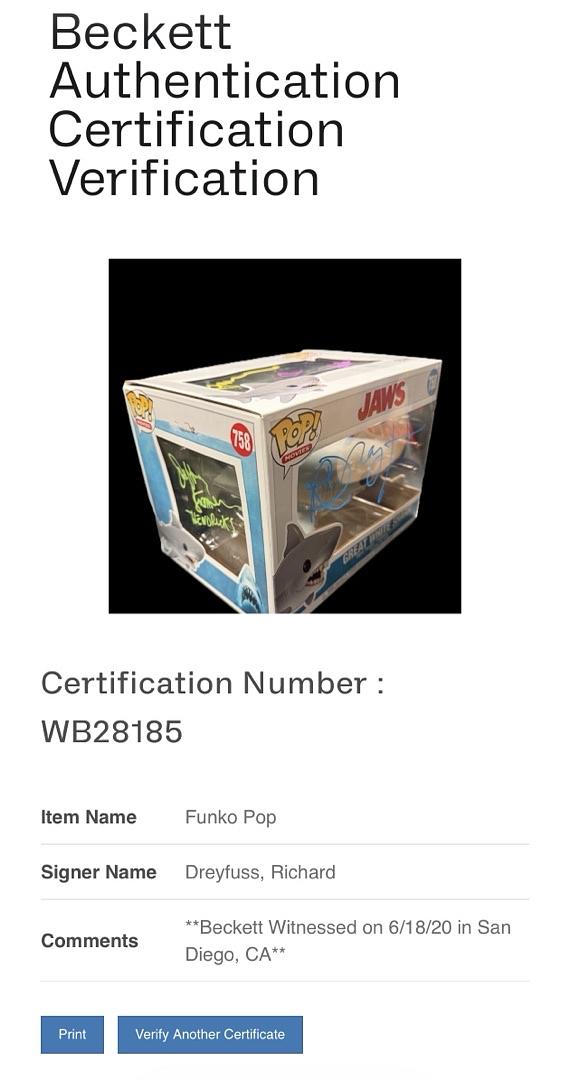 Richard Dreyfuss, Jeffrey Kramer, Jeffrey Vorhees, Stephen and Jonathan Searle, Signed Funko Pop #758 (Jaws) - Beckett COA *VERY RARE*