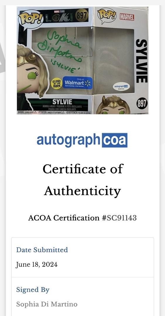 Sophia DiMartino signed "Sylvie" Funko Pop (Loki) w/character name - ACOA COA