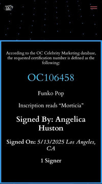 Anjelica Huston Signed Funko Pop #809 "Morticia Addams" (Addams Family) - OC Celebrity Marketing