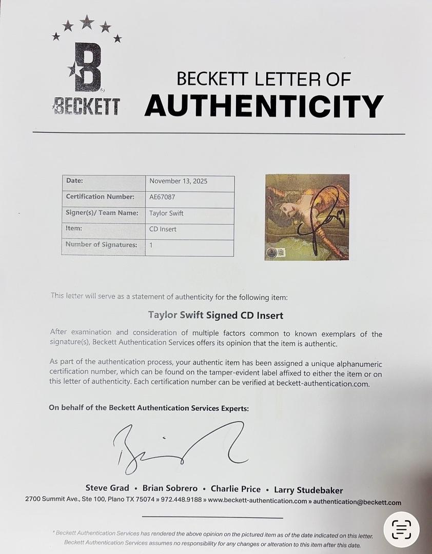 Taylor Swift matted, signed "Life of a Showgirl" CD Insert Photo 2 - Beckett COA with full LOA