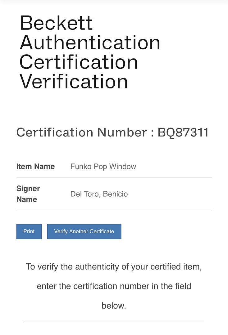 Benicio Del Toro Signed Funko Pop #236 The Collector (GOTG)  - Beckett COA