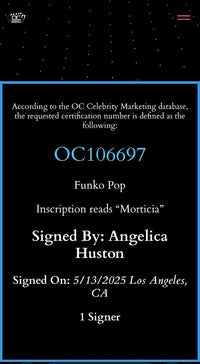 Anjelica Huston Signed Funko Pop #1550 "Morticia Addams" (Addams Family) - OC Celebrity Marketing COA