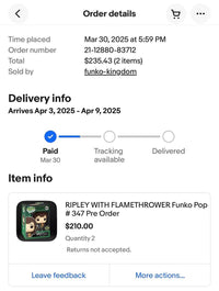 Sigourney Weaver Signed Funko Pop #347 Ripley w/Flamethrower
