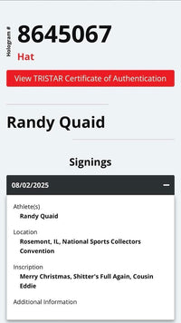 Randy Quaid signed Trapper Hat (Christmas Vacation) w/quote - TriStar COA