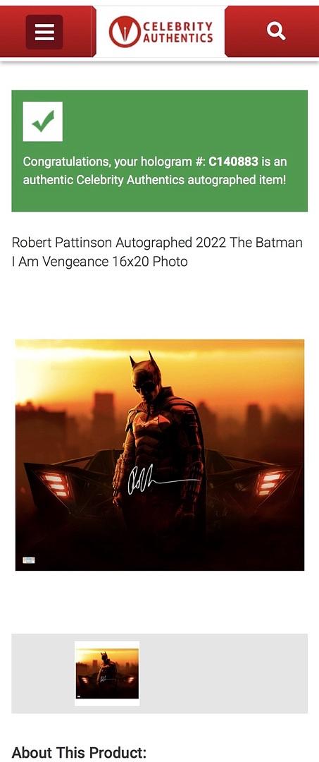 Robert Pattinson signed 16x20 "Batman" - Celebrity Authentics COA