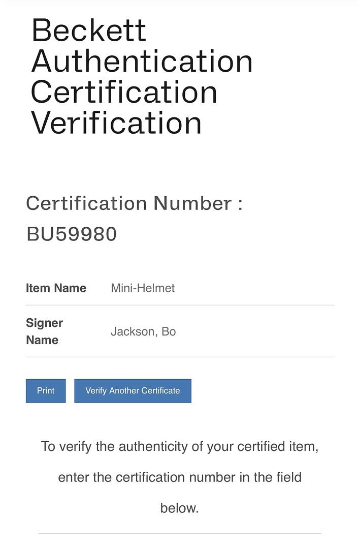 Bo Jackson (Raiders) Signed mini-helmet - Beckett COA