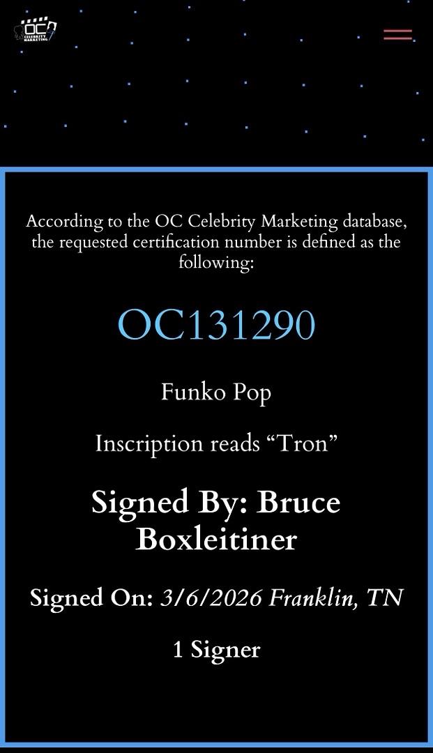 Bruce Boxleitner signed "Tron" Funko #489 w/character name - OC Celebrity Marketing