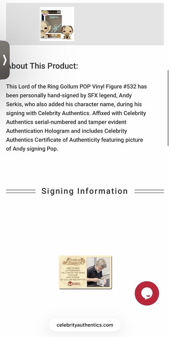 Andy Serkis Signed Funko Pop #532 "Gollum" (LOTR) w/character name - Celebrity Authentics COA