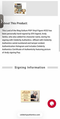 Andy Serkis Signed Funko Pop #532 "Gollum" (LOTR) w/character name - Celebrity Authentics COA