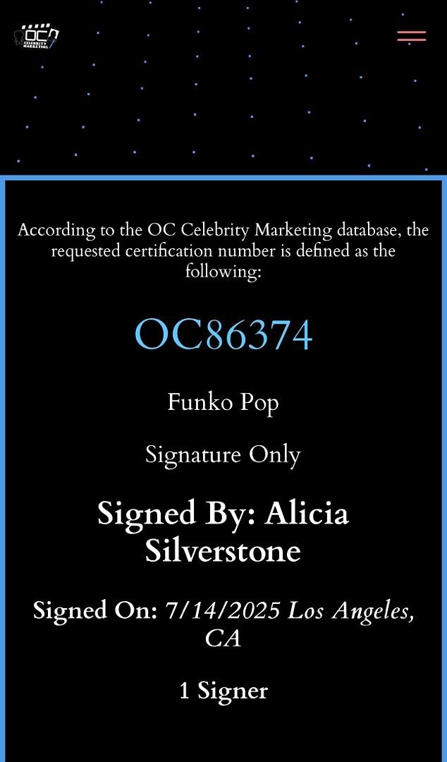 Alicia Silverstone signed Limited Edition Funko #1807 "Clueless" - OC Celebrity Marketing COA