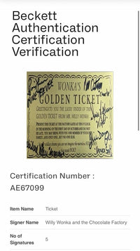 Willy Wonka cast signed Golden Ticket (5) autographs with name and character Beckett COA and Full Letter of Authenticity