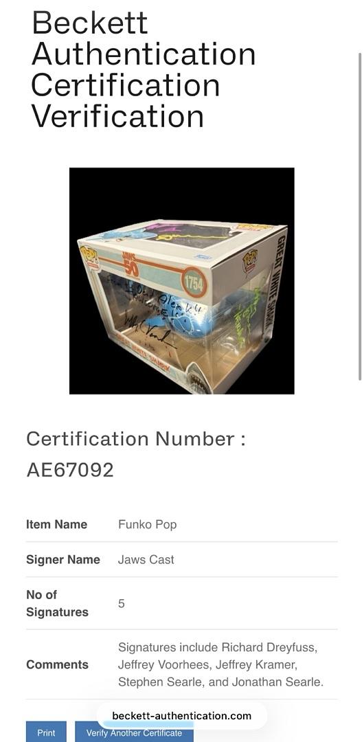 Richard Dreyfuss, Jeffrey Kramer, Jeffrey Vorhees, Stephen and Jonathan Searle, Signed Funko Pop #1754 (Jaws) - Beckett COA #05