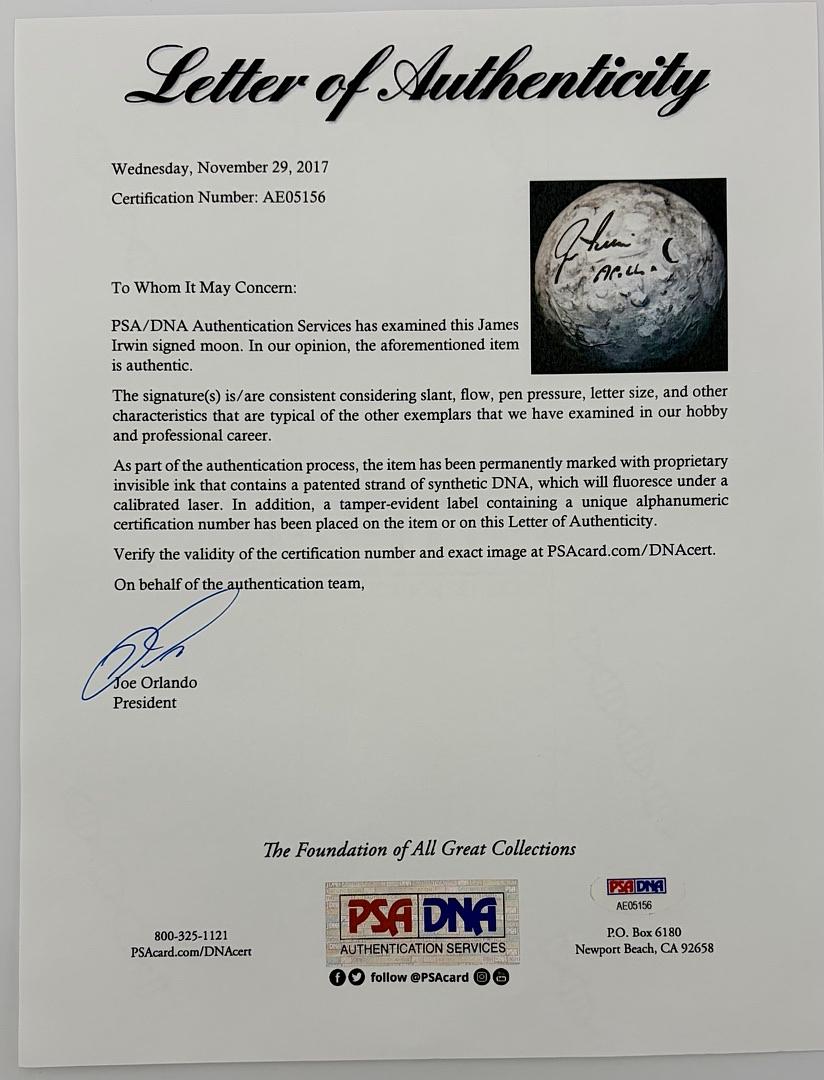 Jim Irwin signed Replica Moon with Display Case inscribed "Apollo 15" - PSA COA **RARE**