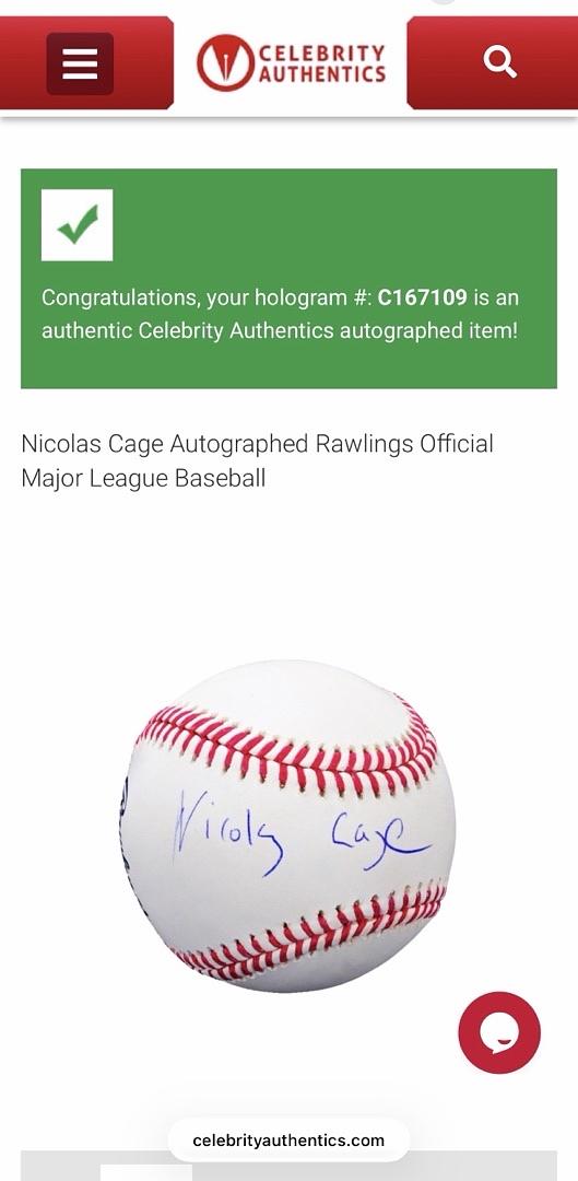 Nicholas Cage signed baseball *RARE* - Celebrity Authentics