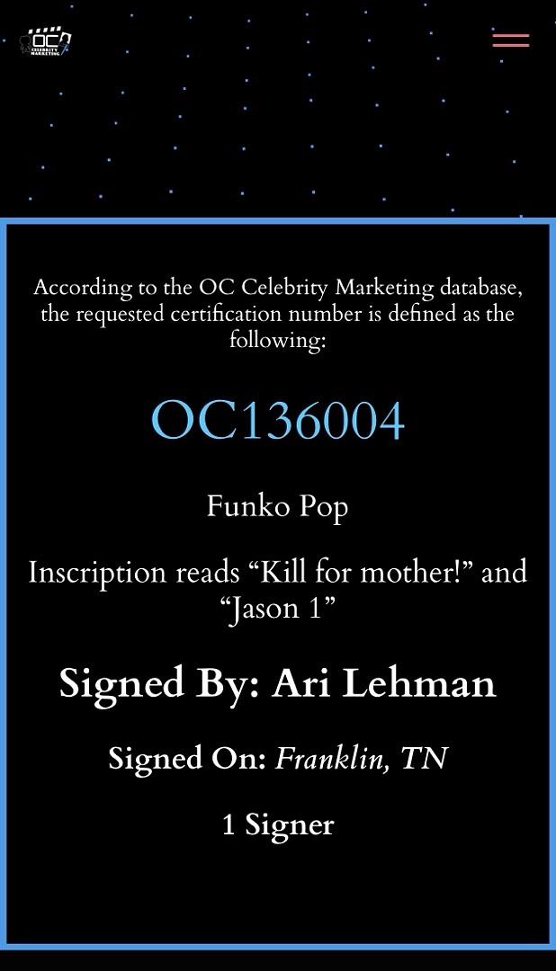 Ari Lehman signed Funko #01 w/quote (Friday the 13th) - OC Celebrity Marketing