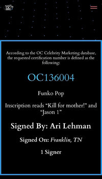 Ari Lehman signed Funko #01 w/quote (Friday the 13th) - OC Celebrity Marketing
