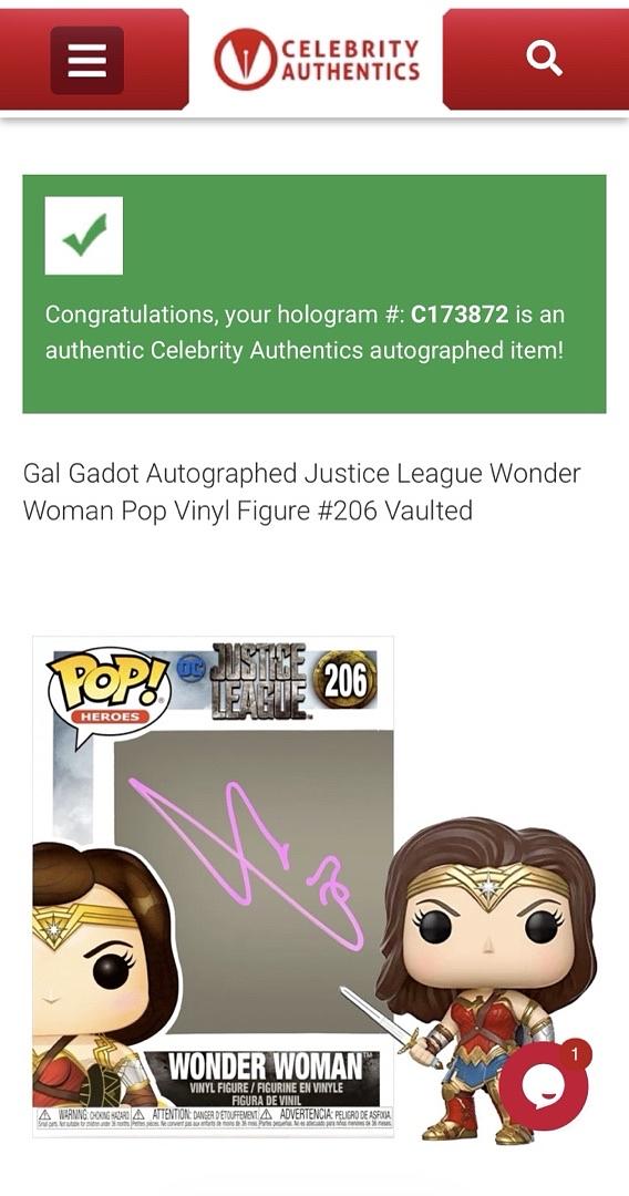 Gal Gadot Signed Funko Pop #206 Wonder Woman - Celebrity Authentics COA
