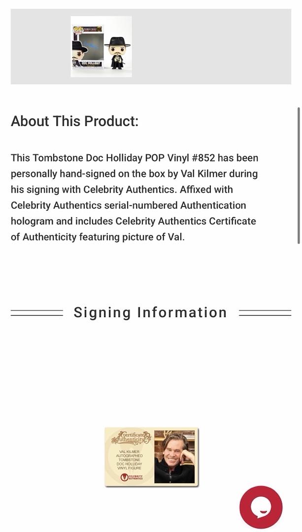Val Kilmer Signed Funko Pop #852 "Doc Holliday" (Tombstone) *RARE* - Celebrity Authentics