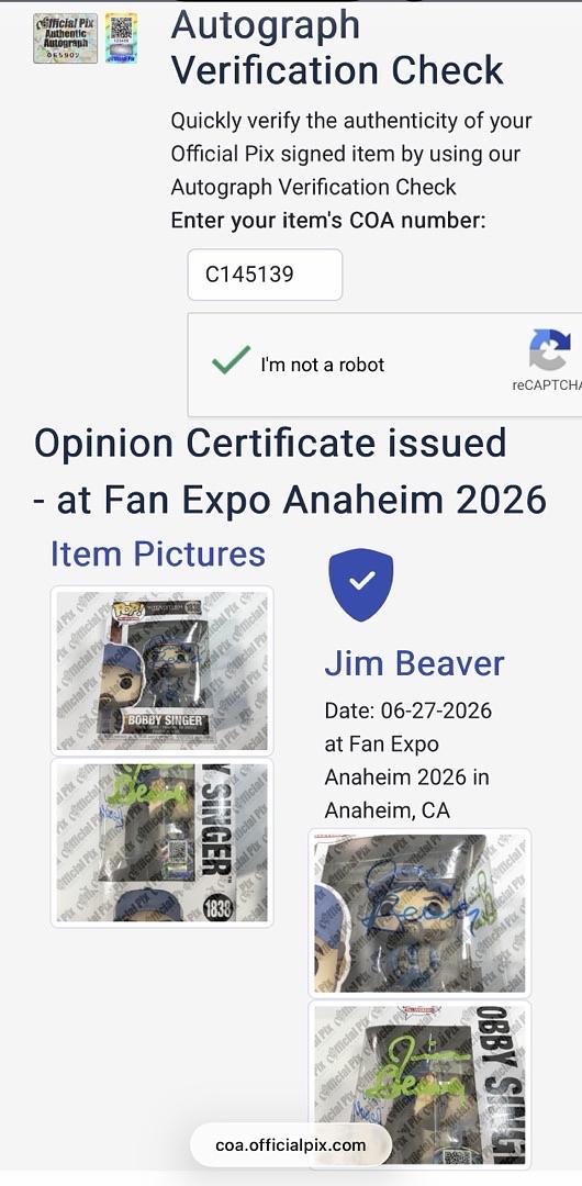 Jim Beaver signed "Bobby Singer" Funko #1838 (Supernatural) signed twice - Official Pix COA
