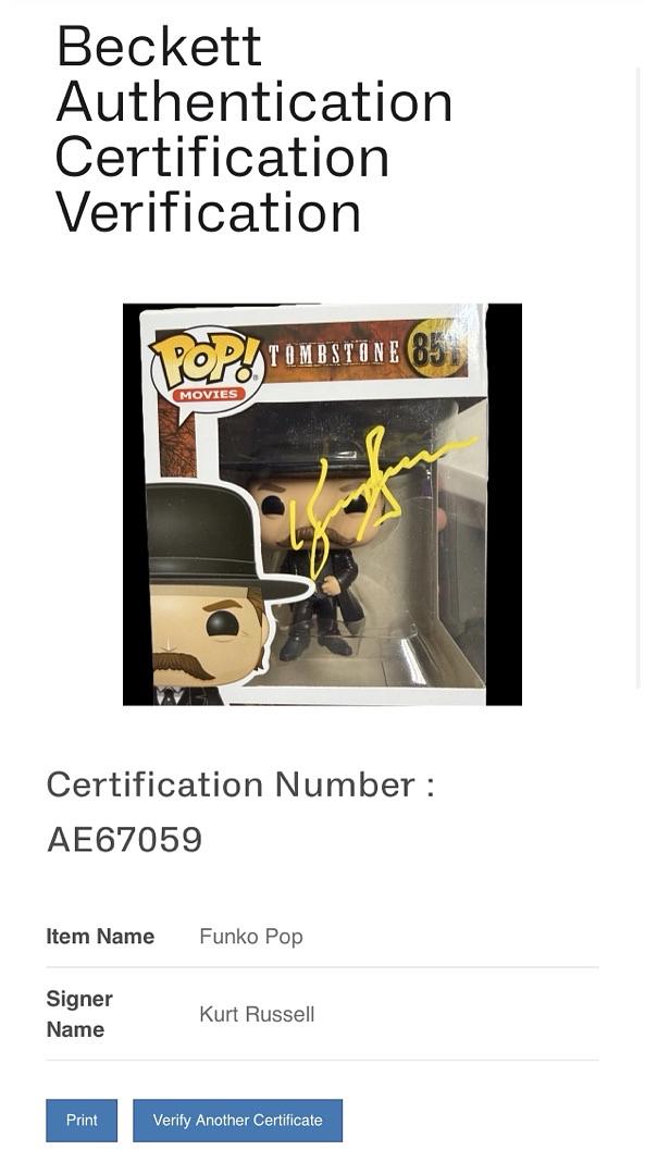 Kurt Russell Signed Funko Pop #851 Wyatt Earp Tombstone (Yellow Ink) - Beckett COA