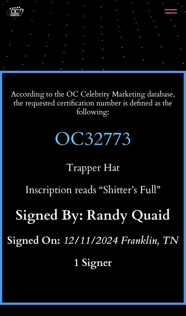Randy Quaid signed Trapper Hat (Christmas Vacation) w/quote - OC Celebrity Marketing