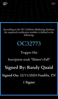 Randy Quaid signed Trapper Hat (Christmas Vacation) w/quote - OC Celebrity Marketing