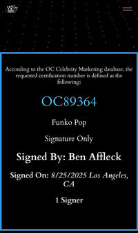 Ben Affleck signed "Batman" Signature Series Funko #88- Beckett/OC Celebrity Marketing COA (Copy)
