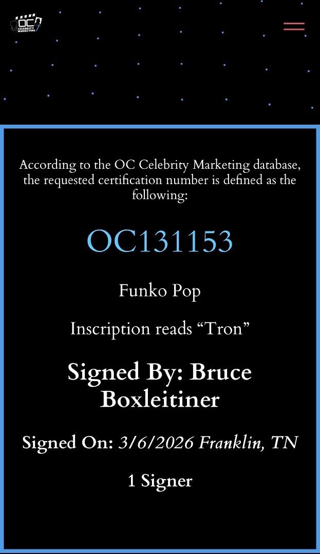 Bruce Boxleitner signed "Tron" Funko #489 w/character name - OC Celebrity Marketing