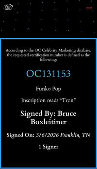 Bruce Boxleitner signed "Tron" Funko #489 w/character name - OC Celebrity Marketing