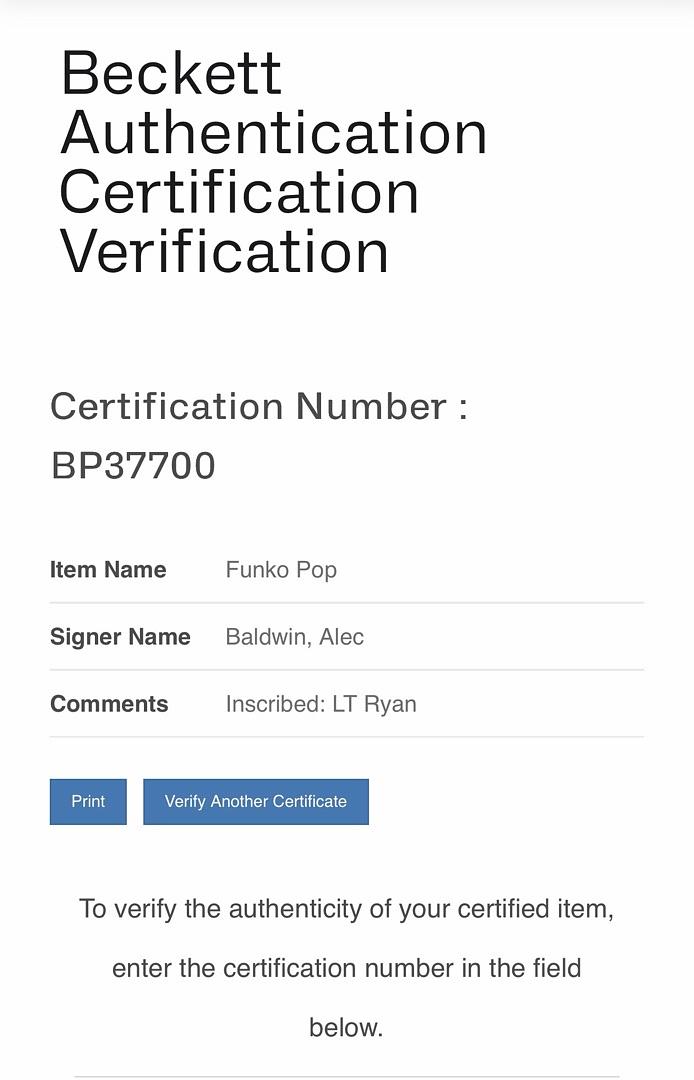 Alec Baldwin signed U.S. Marines Funko (USMC) w/ Lt. Ryan inscription - Beckett COA *RARE*