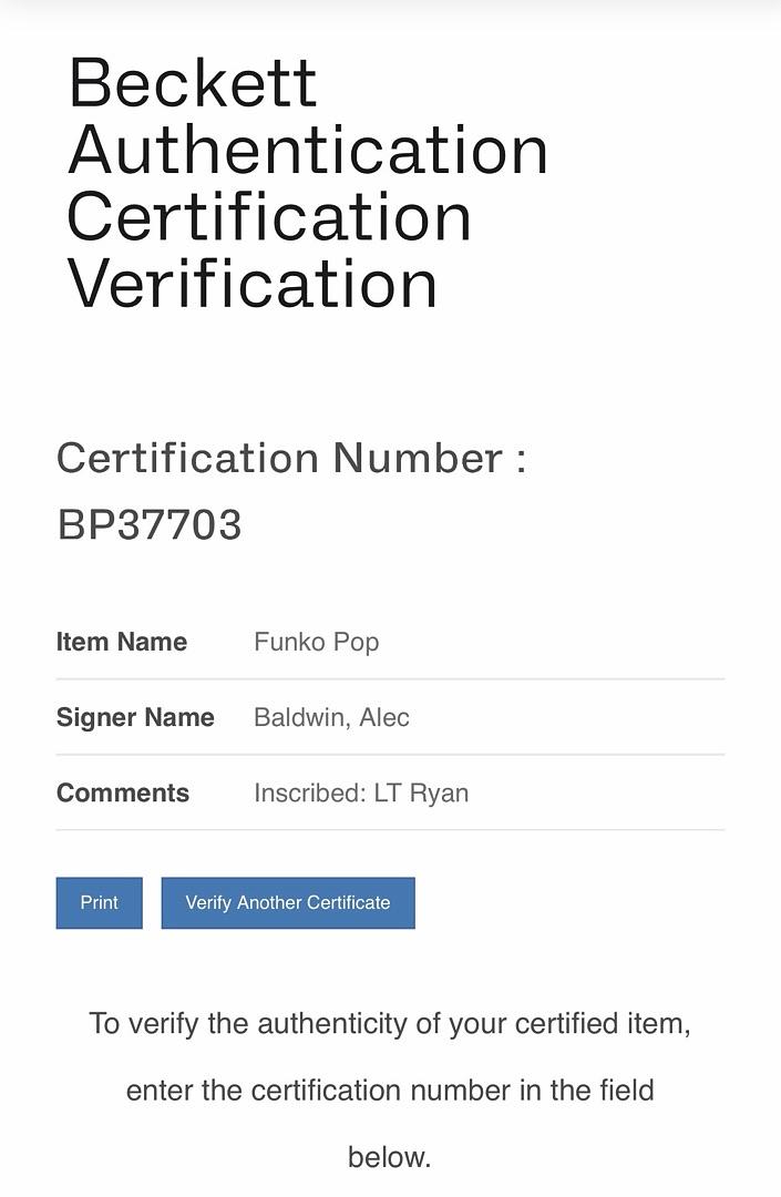 Alec Baldwin signed U.S. Marines Funko (USMC) w/ Lt. Ryan inscription - Beckett COA *RARE*