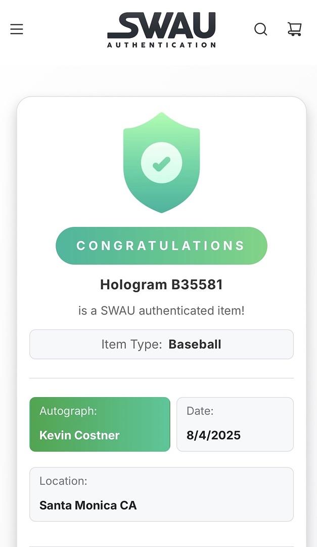 Kevin Costner signed baseball - SWAU COA