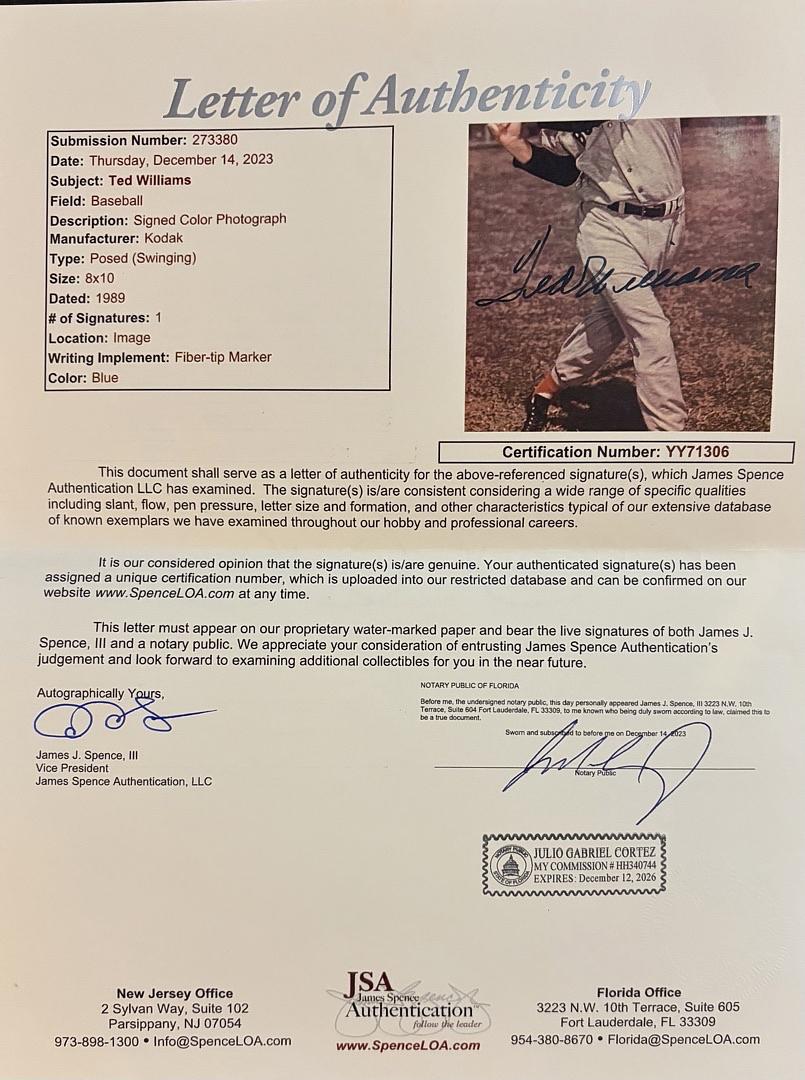 Ted Williams (Red Sox) signed 8x10 - JSA COA