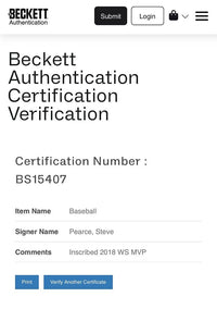 Steve Pearce signed 2018 World Series baseball w/MVP inscription - Beckett COA