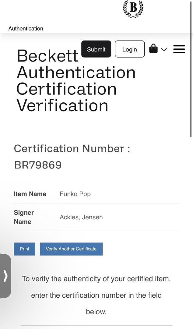 Jensen Ackles signed "Dean Winchester" Funko #1836 (Supernatural) - Beckett COA