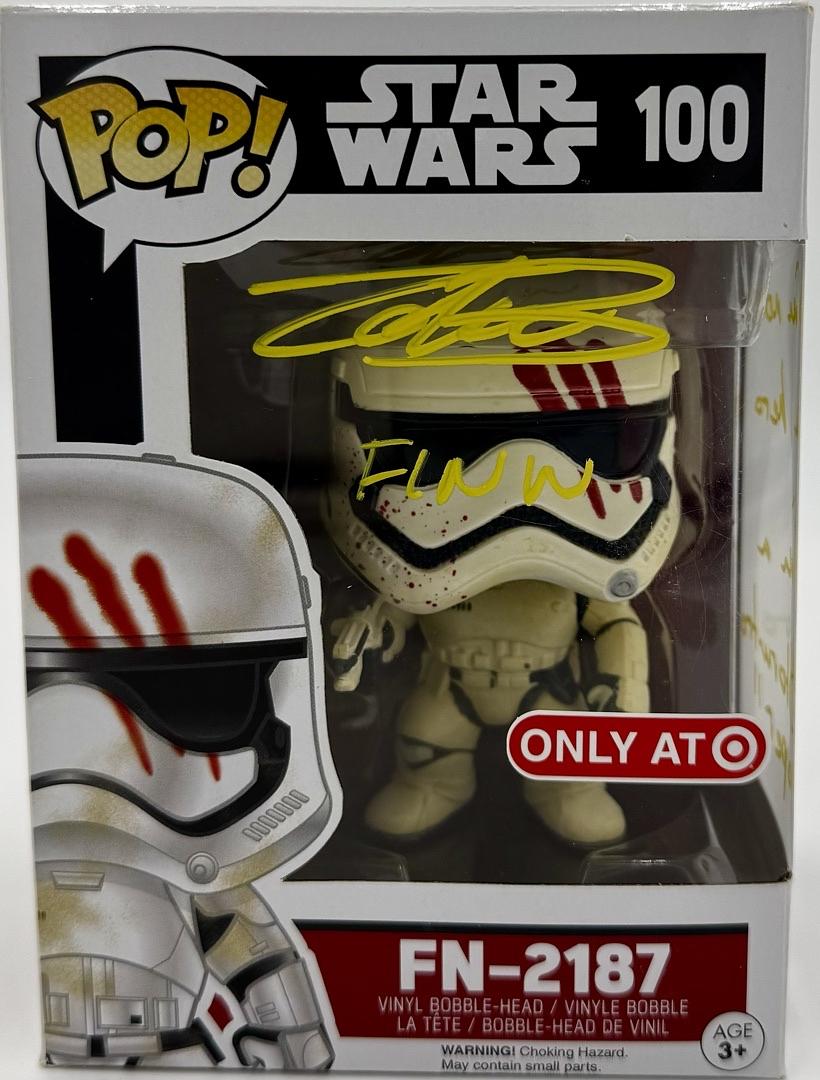 John Boyega signed "FN-2187" Funko Pop #100 w/character name and long quote - Official Pix COA