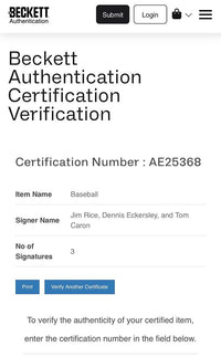 Jim Rice, Dennis Eckersley and Tom Caron signed baseball - Beckett COA w/full letter of authenticity