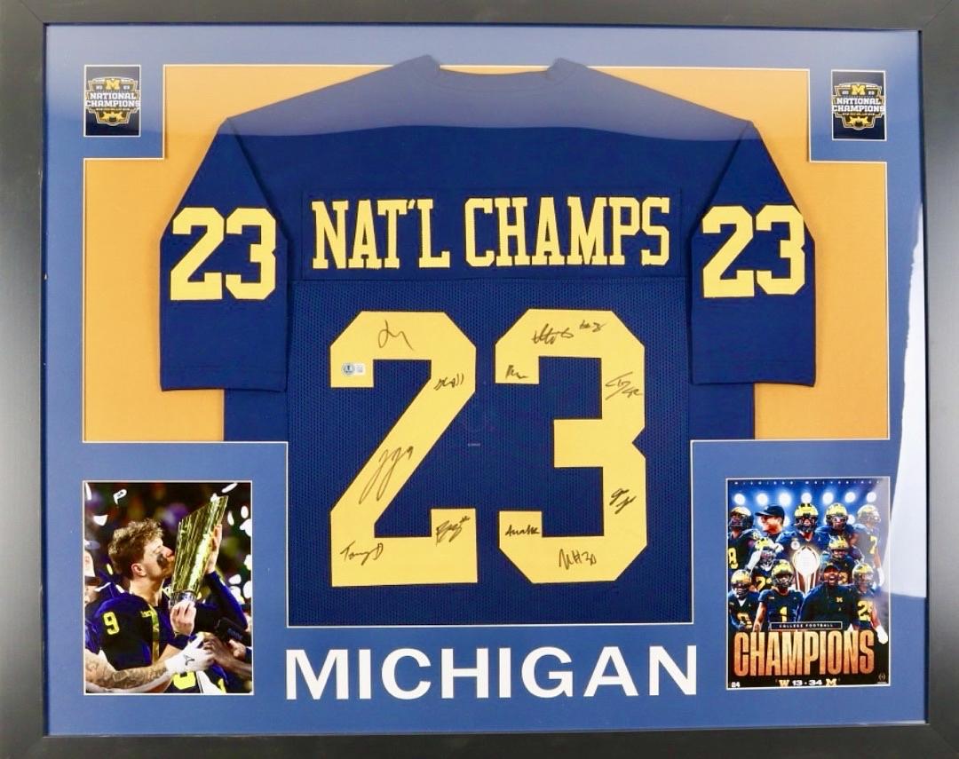 University of Michigan 34x42 signed, framed 2023 National Champs jersey (signed by 11) - Beckett COA