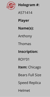 Anthony Thomas (Bears) signed full size replica helmet w/ROY inscription - Schwartz COA