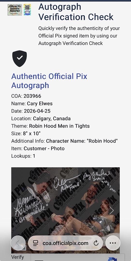 Cary Elwes Amy Yasbeck & Megan Cavanagh (Robin Hood Men in Tights) signed 8x10 - Beckett & Official Pix COAs