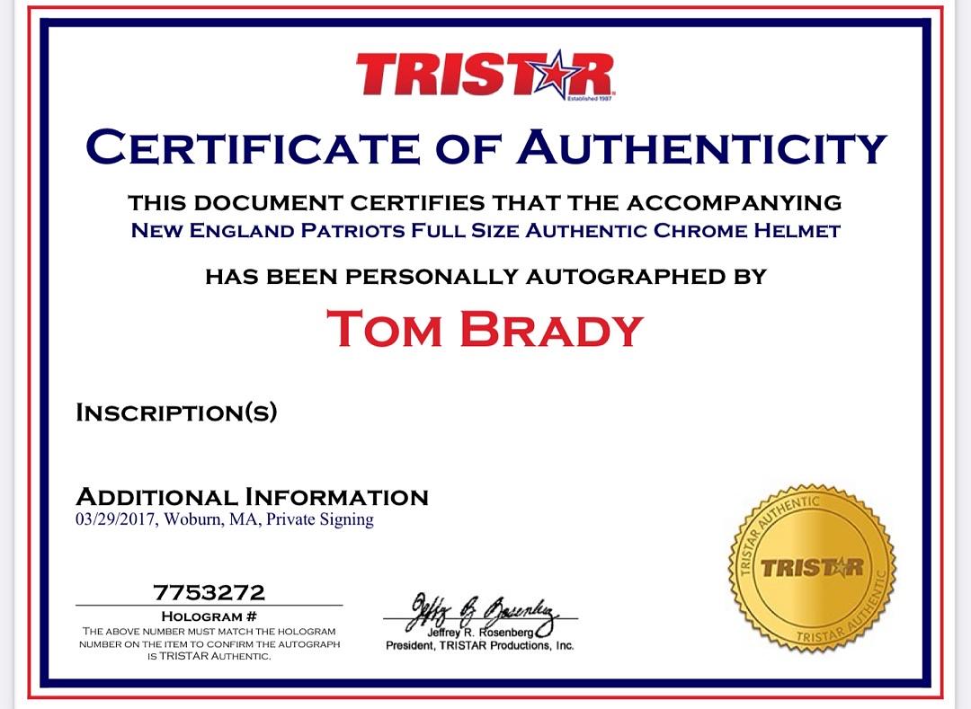 Tom Brady Autographed Full Size Authentic Chrome Helmet - Tristar and GOAT COA