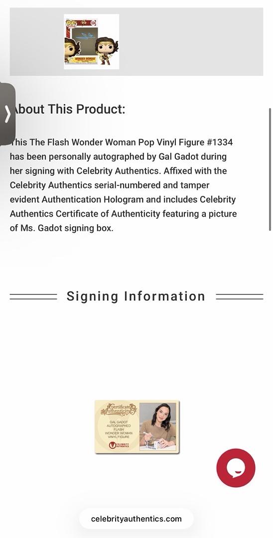 Gal Gadot Signed Funko Pop #1334 Wonder Woman (The Flash) - Celebrity Authentics COA