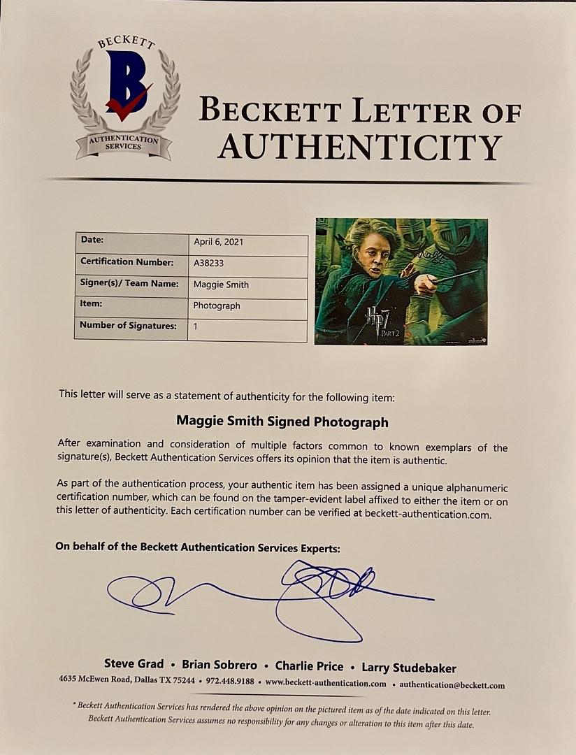Maggie Smith signed 8x6 photo Professor Mcgonagall (Harry Potter) - Full Beckett Letter *RARE*