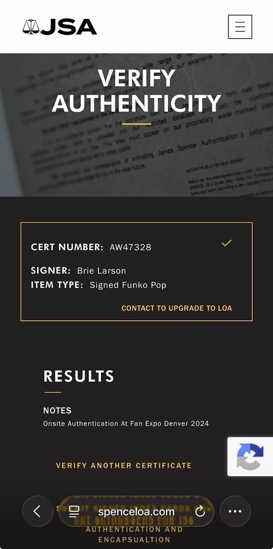Brie Larson Signed "Vers" Funko #434 w/quote (Captain Marvel) - JSA COA