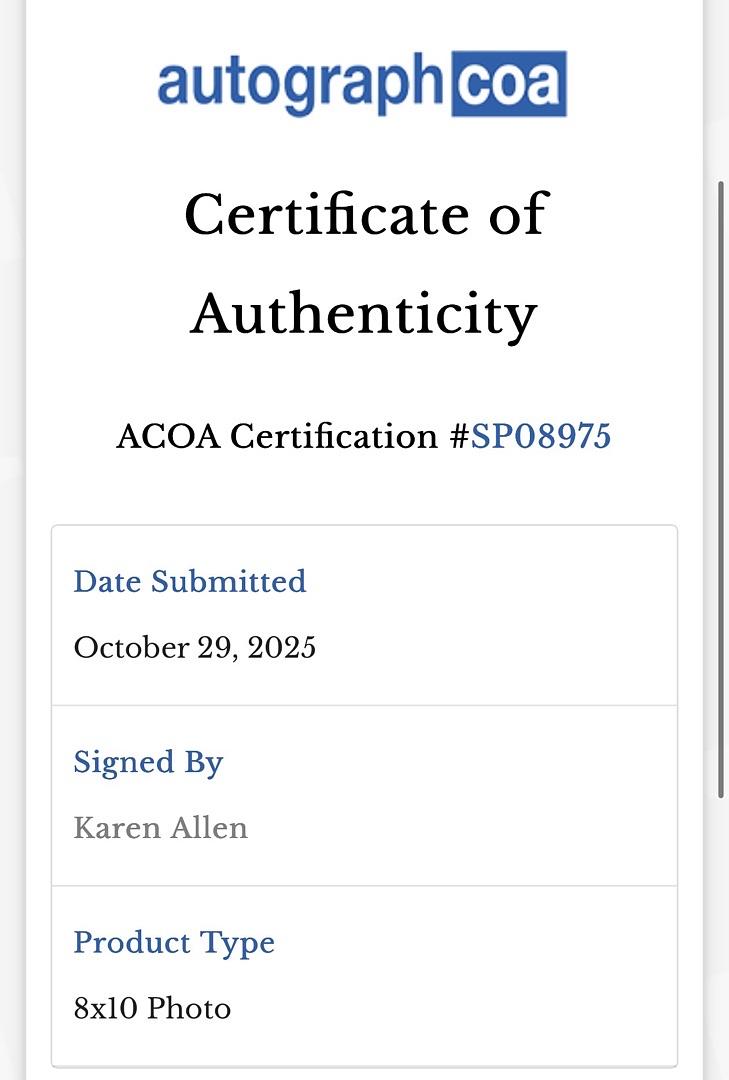 Karen Allen signed 8x10 (Raiders of the Lost Ark) - ACOA COA