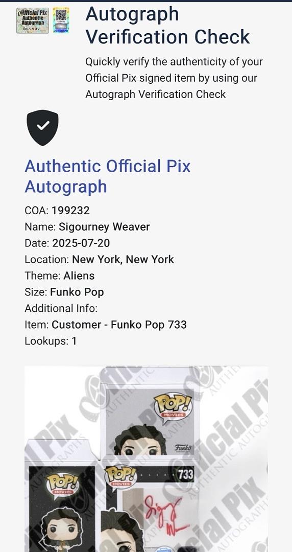 Sigourney Weaver Signed Funko Pop #733 Ripley & Jonesy Aliens