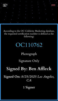 Ben Affleck signed 8x10 (Batman) - Beckett COA