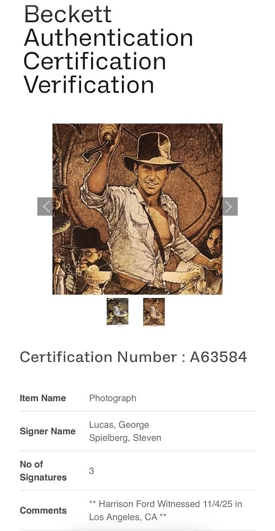 Harrison Ford George Lucas & Steven Spielberg Signed 12x18 (Indiana Jones)  - Beckett COA **RARE**